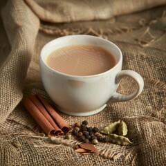 Sticker - A cup of spiced tea with cinnamon sticks, peppercorns, and cardamom pods on burlap.