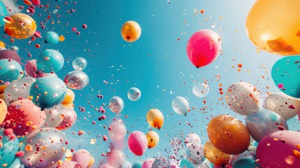 Colorful Balloons and Confetti Floating in the Sky