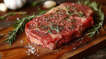 Wall Mural - A marbled ribeye steak laying on a rustic wooden board with rosemary sprigs and garlic cloves, cinematic lighting casting strong highlights and shadows,