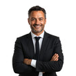 © InnovPixel - A confident man in a black suit and tie, with a friendly smile, posing with arms crossed, exuding professionalism and approachability
