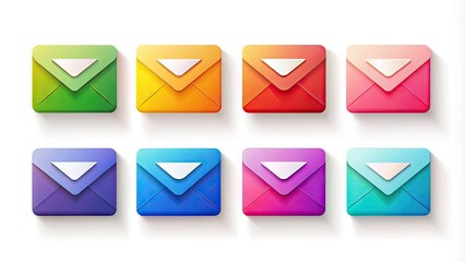 Colorful icons for newsletter design, including envelopes, papers, and emails, arranged on a white background with subtle shadows and gradient effects.