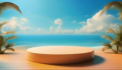 Poster - Beach-themed 3D podium for cosmetic products, summer scene with a blue sea and sky, perfect for promotional banners.