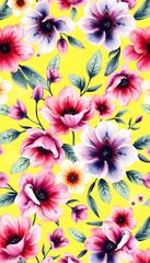 Fantasy seamless floral pattern with watercolor flowers. Bright summer print on a yellow background isolated with white highlights, png