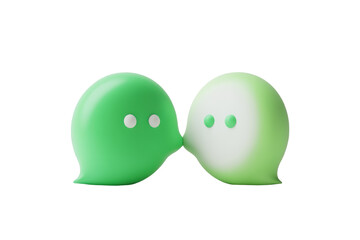 Two playful, cartoonish speech bubbles in shades of green, engaging in a friendly interaction, symbolizing communication and connection