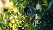 © InnovPixel - A security camera partially hidden by lush green foliage, emphasizing the blend of technology and nature in outdoor surveillance