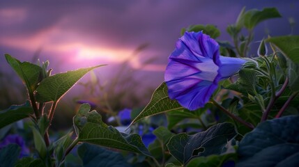 Sticker - A delicate blue flower blooms against a backdrop of soft sunset colors.