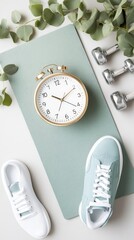 Pastel pink and green yoga mat paired with dumbbells and a light blue sneaker, elegantly arranged on a clean gray surface, perfect for a fitness lifestyle