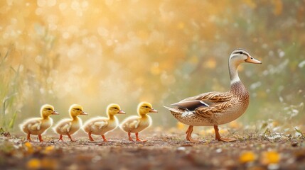 Poster - Ducklings Following Mother in Golden Light