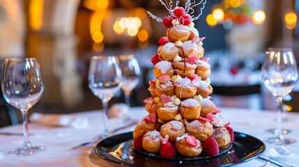 A delicious pastry tower decorated with fresh raspberries and powdered sugar sits on a black plate on a white tablecloth, with blurred wine glasses in the background.