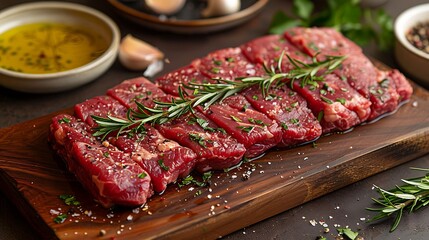 A raw flank steak on a wooden wooden board, garnished with fresh parsley, garlic cloves, and olive oil drizzles, warm golden hour light casting soft shadows, rich, warm tones,