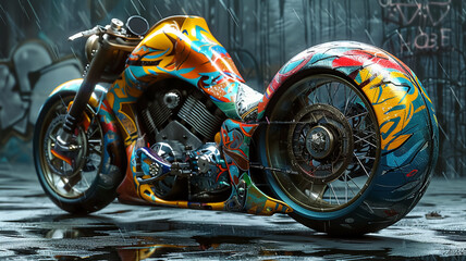 A vibrant 3D motorcycle model painted in colorful artistic patterns. The bold and creative design brings a unique, dynamic touch to the motorcycle, blending art with modern vehicle aesthetics.