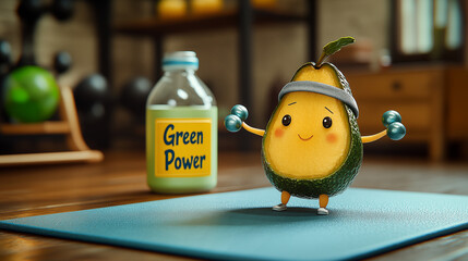 Cute avocado character with dumbbells on yoga mat. Healthy lifestyle concept.