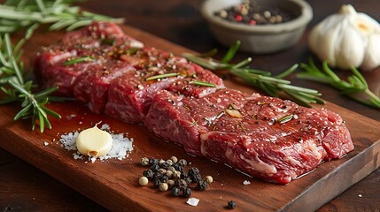 A raw hanger steak on a wooden wooden board, with rosemary sprigs, crushed garlic, and black peppercorns scattered around, soft diffused light from the side, vibrant colors, rustic kitchen setting.