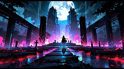 Poster - A solitary figure stands amidst a neon-lit, futuristic cemetery, illuminated by the ethereal glow of a full moon.