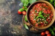 © grPix - Cold Gazpacho soup.Traditional Spanish soup.Gazpacho.A bowl of gazpacho garnished with fresh basil and parsley, styled on a rustic wooden board with ample copy space