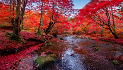 Poster - Depicts the vibrant colors and breathtaking beauty of a red maple forest in autumn.