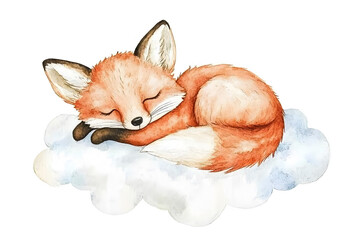 Wall Mural - Watercolor cute fox sleeping on a cloud isolated on white background
