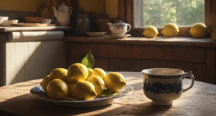 Wall Mural - Cozy rustic kitchen interior with lemon fruits on old wooden table.