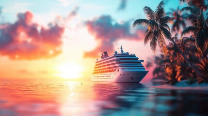 Sticker - Cruise Ship at Sunset in Tropical Paradise.