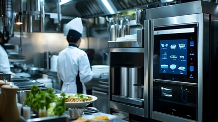Wall Mural - a modern restaurant kitchen equipped with innovative iot devices and sensors for real time monitorin
