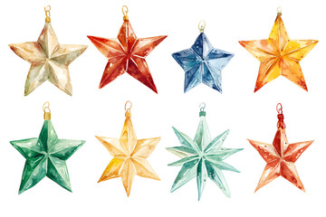 Watercolor collection of Christmas stars isolated on white background	