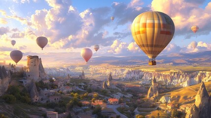 A vibrant scene of hot air balloons soaring above the ancient landscapes of Cappadocia, with the sky painted in pastel hues.