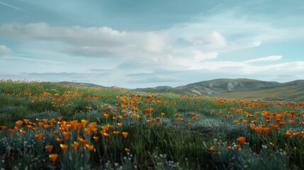 Poster - A field of vibrant orange wildflowers blooms against a backdrop of rolling hills and a cloudy sky.