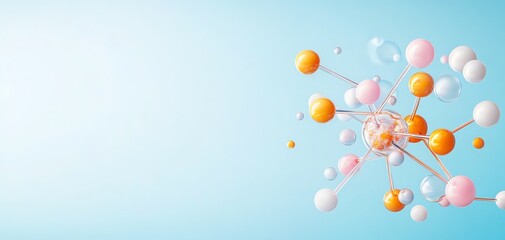 Abstract molecular structure with colorful spheres over a soft blue background, representing science and innovation.