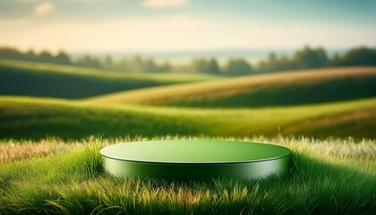 Wall Mural - Green grass podium on a land patch with a field background, ideal for summer meadow product showcases.