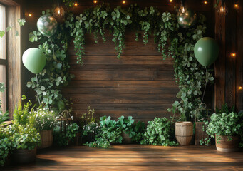 Poster - Green Balloons Wooden Wall.