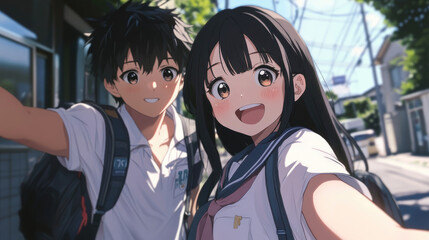 Poster - A cute girl with black hair and bangs, wearing a white school uniform, is taking a selfie on the street while her boyfriend's arm is around her