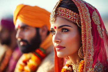 A woman wearing a red and gold Indian wedding dress stands in front of two men