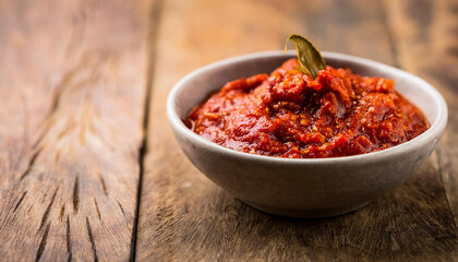 Wall Mural - Bowl of sambal paste on wooden background. Food and spice concept.