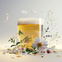 A glass of beer with a floral arrangement, petals, and gold flecks surrounding it.