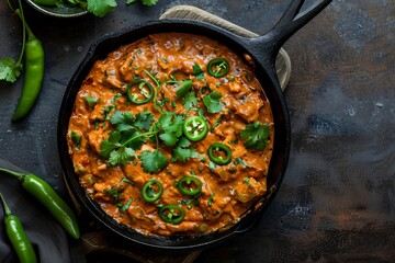 Chicken Tikka Masala served hot in a cast iron skillet, garnished with fresh cilantro and green chilies, with ample copy space.Traditional Indian meal.Chicken tikka masala.Indian cuisine.