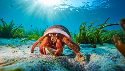 Poster - Hermit crab adjusting to new shell amidst underwater vegetation, sunlight filtering through clear tropical waters, serene and vibrant.