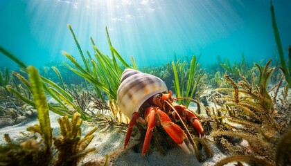 Poster - Hermit crab adjusting to new shell amidst underwater vegetation, sunlight filtering through clear tropical waters, serene and vibrant.