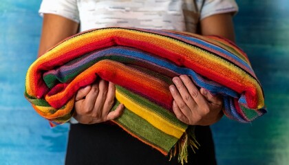 High-contrast image of hands holding a brightly colored throw blanket.