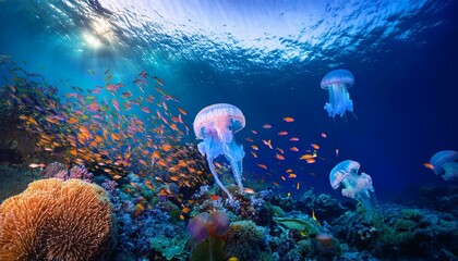 Wall Mural - Jellyfish interacting with swarm of small, colorful fish near vibrant coral reef, bioluminescent glow illuminating scene, lively and captivating.