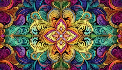 Wall Mural - Kaleidoscope seamless pattern with swirling colors and intricate details.