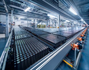 Low-angle shot of a towering assembly line for electric car battery cells.