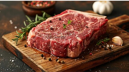 A raw T-bone steak on a wooden wooden board, garnished with scattered peppercorns, garlic cloves, and a sprig of thyme, warm golden hour light casting soft shadows, rich, warm tones,