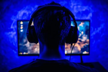 Gaming player looking into powerful computer, playing virtual shooter game late at night. Online streaming cyber stream during gaming tournament, using wireless technology network