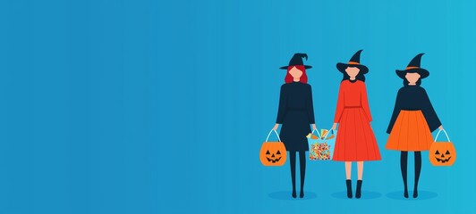 Wall Mural - Three Women in Witch Costumes Holding Halloween Treat Bags Against a Blue Background