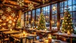 © Man888 - Cozy festive restaurant ambiance with snowflakes on windows, candlelit tables, and a decorated Christmas tree, enticing patrons to warm up with holiday cheer.