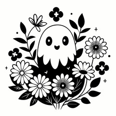 Canvas Print - cute floral flowers ghost pretty spooky happy vector illustration