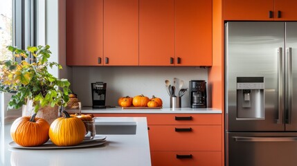 A kitchen with orange cabinets and a silver refrigerator