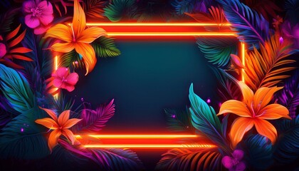 Wall Mural - Neon orange frame highlighting a vibrant arrangement of tropical flowers and foliage.