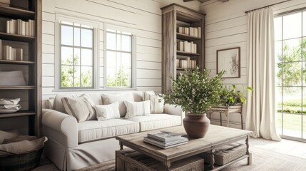 Wall Mural - a modern farmhouse living room with shiplap walls for graphic design