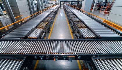 Overhead view of a factory floor with conveyor belts transporting battery cells.